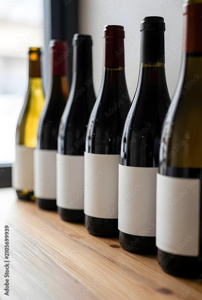Obraz premium Row of eight wine bottles with blank labels on wooden table