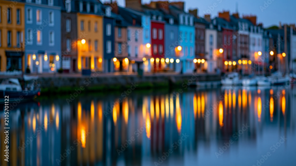 Fototapeta premium Colorful row of historic townhouses reflected in a calm harbor at dusk, vibrant European waterfront town, defocused harbor water in background, historic waterfront reflection
