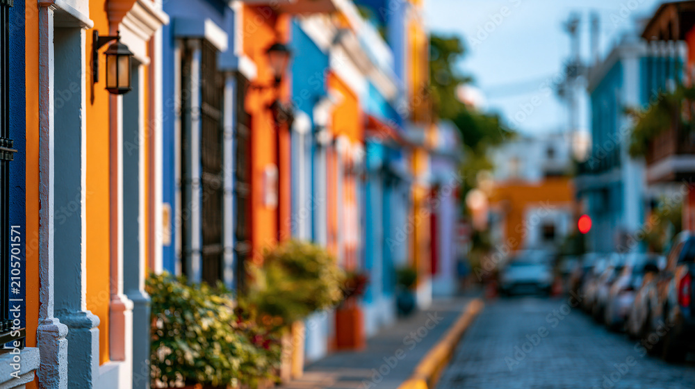 Fototapeta premium Colorful colonial architecture lining a vibrant street in a Latin American city, vivid painted facades catching afternoon light, defocused city street in background, Latin