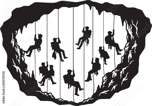 Caving silhouette vector, group of explorers rappelling into a dark cavern, extreme rock climbing and speleology adventure illustration