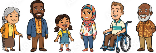Bild auf Leinwand Diverse multicultural community group, cartoon people of different ages, ethnici
