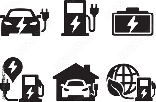 Electric car charging ecosystem vector icon collection. Evenly spaced EV symbols for clean energy design.