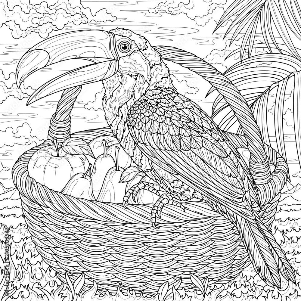 Obraz premium Toucan and a basket of fruit.Coloring book antistress for children and adults.
