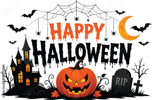Festive halloween illustration with jack o' lantern haunted house and spooky decorations for seasonal celebrations