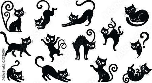 Black cat silhouettes collection playful poses for halloween crafts and graphic design projects