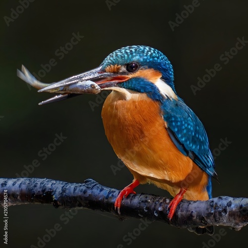 Common kingfisher with fish perched on branch