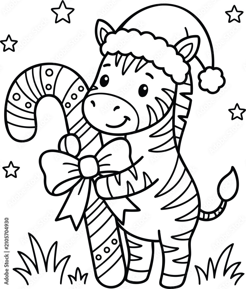 Obraz premium Cartoon zebra in santa hat hugging, festive holiday greeting style, black and white red santa hat white fur
