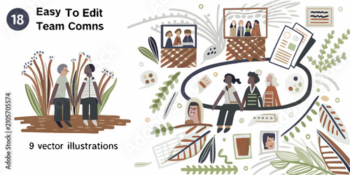 Bild auf Leinwand Team communications vector illustration featuring people in meetings and collabo