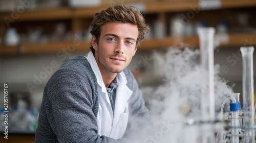 Chemistry Student Holding Flask with Rising Smoke