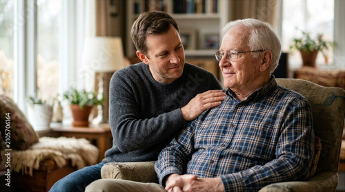 Caring son comforts elderly father with gentle touch and supportive conversation at home