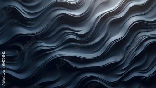 Deep waves ripple across the surface with a glossy sheen. Dark blues and silvers create a fluid, motion-filled texture. Sculpted curves mimic ocean currents or flowing fabric