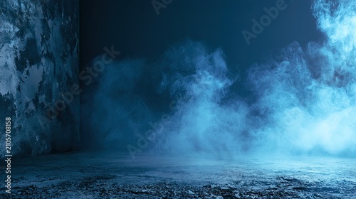 Dimly lit corner with swirling blue mist against a rough, dark wall