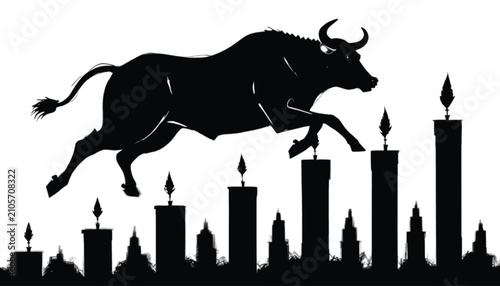 Bull silhouette vaults over ascending architectural towers that function as a bar graph to illustrate investment gains and strong portfolio performance in a clean and modern graphic design asset.