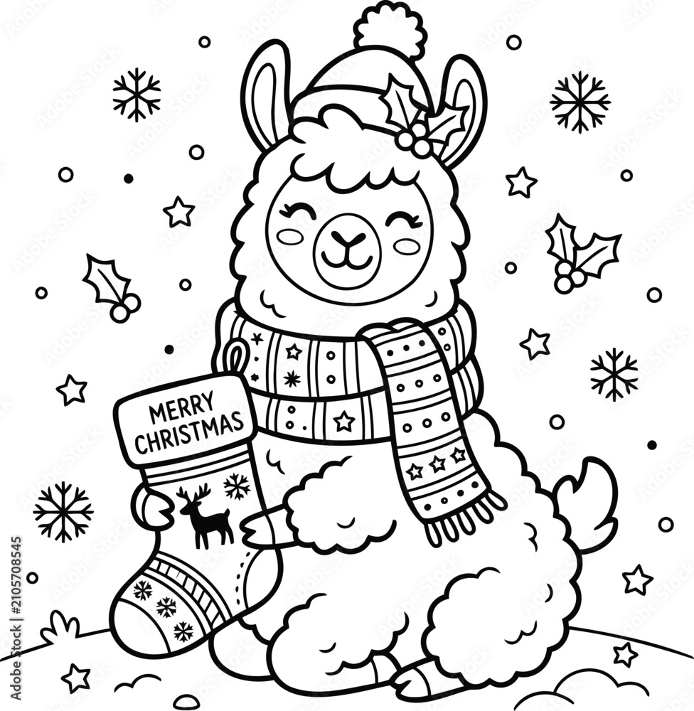 Fototapeta premium Happy cartoon llama wearing a sweater, holding a christmas stocking with 