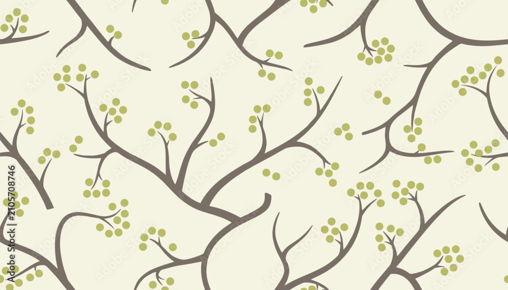Fototapeta premium Abstract tree branches seamless pattern with green berries