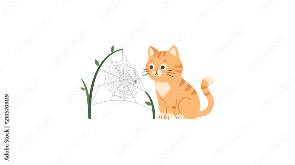 Fototapeta premium Curious ginger cat looking at spider web on plant stem in forest vector illustration design
