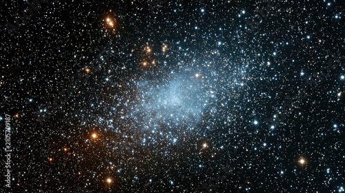 A hazy, blue stellar cluster is surrounded by scattered orange stars against a dark sky