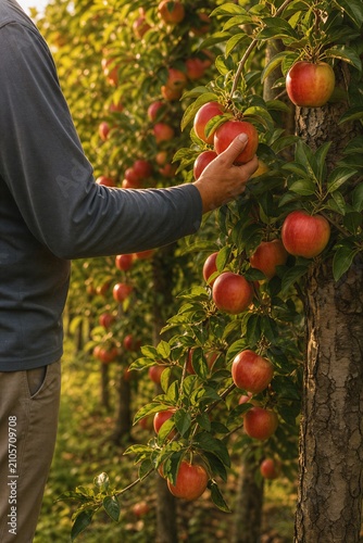 Man picking ripe red apple from tree branch in orchard. Farmer harvesting fresh organic fruit. Autumn harvest season and agriculture concept. portrait format