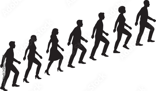 People walking up stairs silhouette vector, diverse group of men and women climbing upward, career growth and success concept illustration