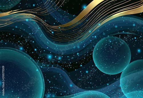 Swirling cosmic blues, glowing orbs, and golden waves create an ethereal abstract