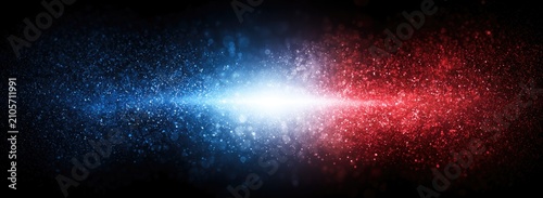 Abstract burst of glowing blue and red particles exploding from a bright white center