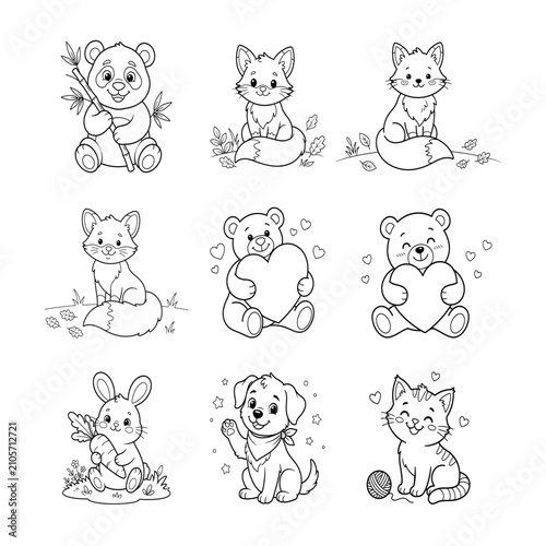 Adorable animal coloring pages for kids, cute kawaii line art for creative fun