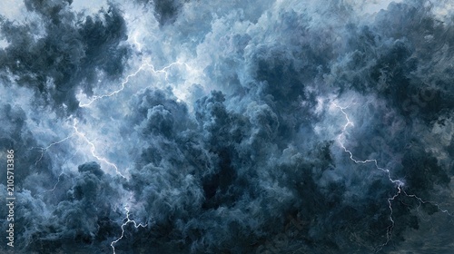 Dramatic sky filled with dark, swirling clouds and bright lightning strikes