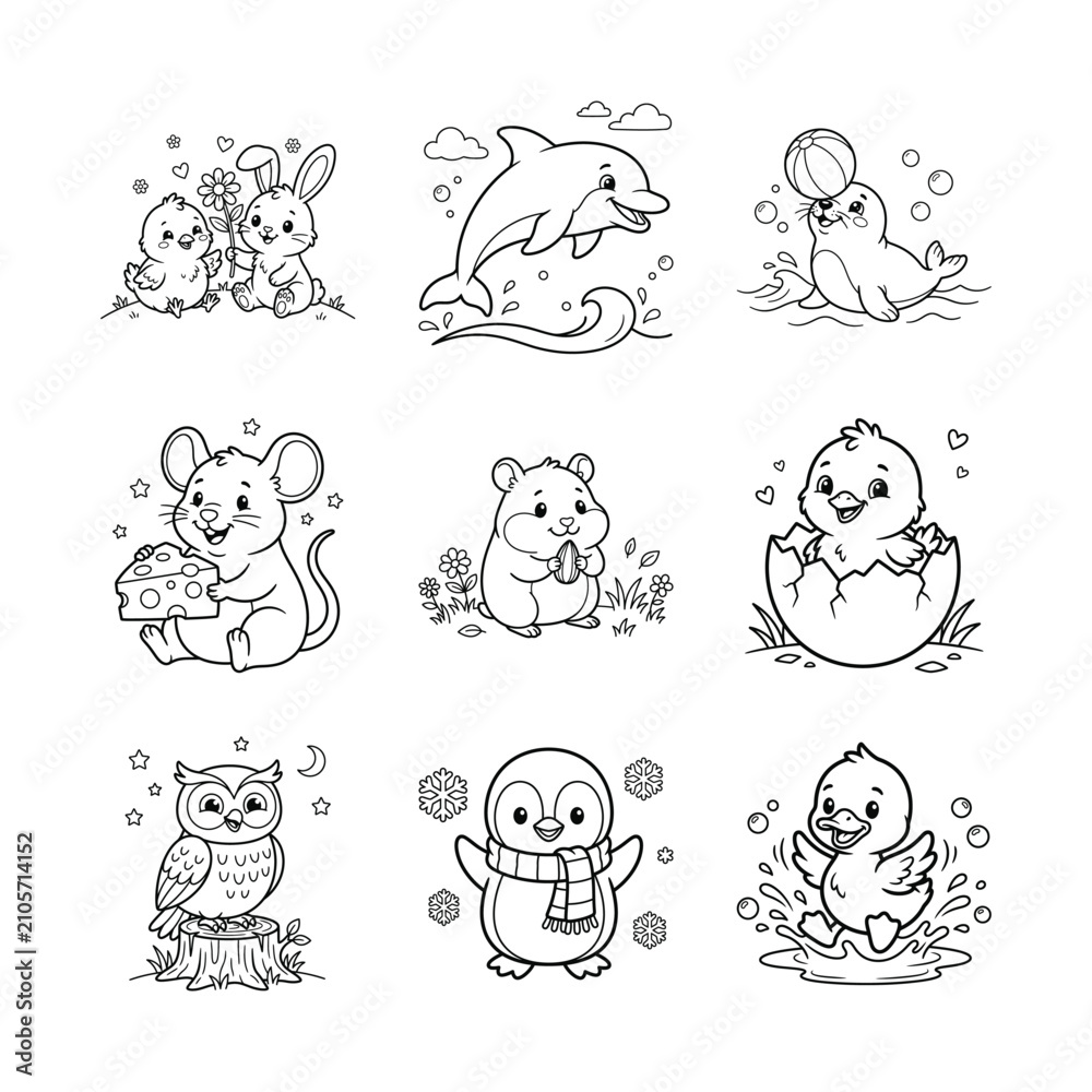 Fototapeta premium Adorable animal coloring pages for kids, cute kawaii line art for creative fun