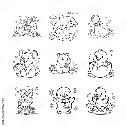 Adorable animal coloring pages for kids, cute kawaii line art for creative fun