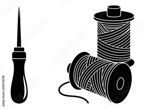 Quadro su tela Black silhouette of sewing tools awl spools of thread and craftsmanship elements
