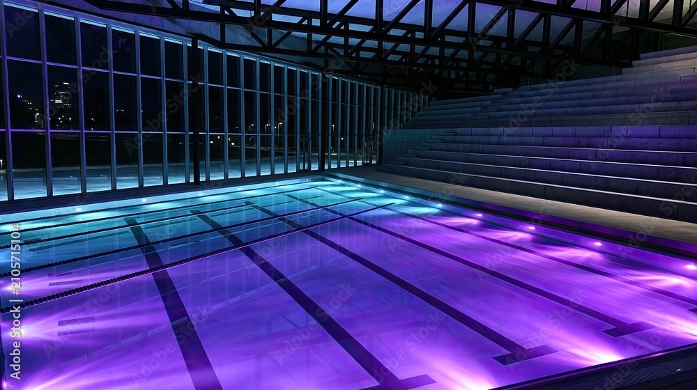 Fototapeta premium Indoor swimming pool with illuminated lanes and tiered seating at night