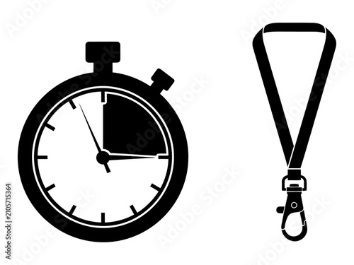 Billede på lærred Black silhouette of a stopwatch and lanyard timekeeping and identification acces