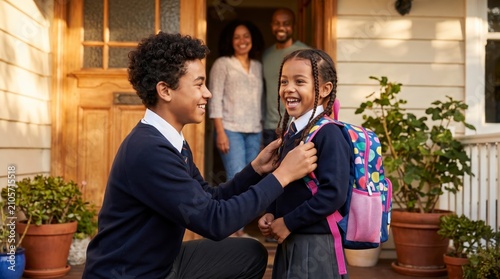 Older Brother Helping Little Sister With School Backpack Outside Their Home In Morning Light