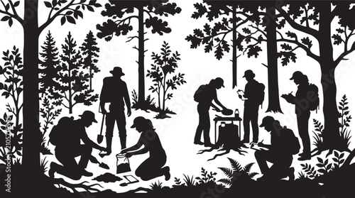 Black and white forest research silhouette, scientists conducting field work in nature, environmental study and ecology vector illustration
