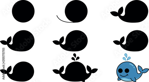 Fotografía Step by Step Drawing Tutorial for Kids Showing How to Draw a Cute Cartoon Whale
