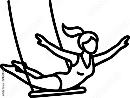 Circus trapeze artist swinging high, dynamic line art illustration