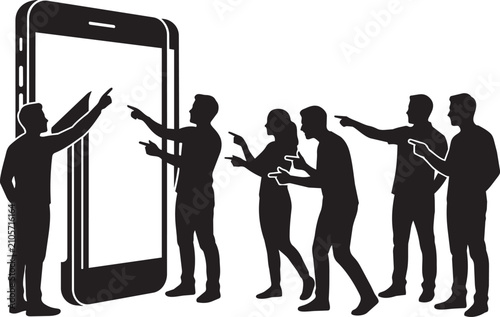 Black silhouette group of people pointing at giant smartphone screen, mobile technology user experience vector, digital community interaction