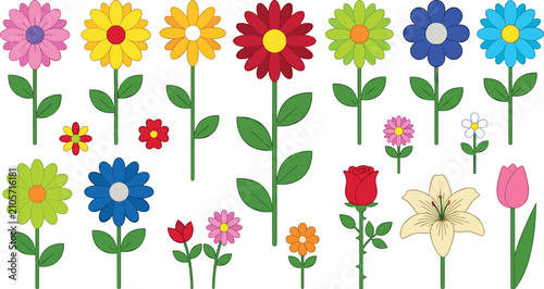 Colorful Simple Flower Vector Icon Set with Daisy Tulip Rose and Lily Illustrations with Long Stems and Leaves for Spring Nature Graphic and Pattern Designs
