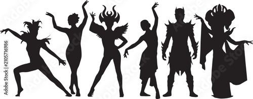 Fantasy character silhouettes set, mythical creature and warrior vector icons, dark fairytale theater performers, mysterious masquerade figures