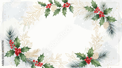 Christmas Holly Wreath Watercolor Frame with Gold Line Art