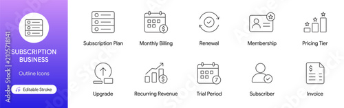Slika na platnu Subscription business outline icon set including recurring billing membership an