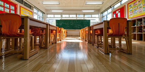 Sunlight streams into an empty classroom with rows of wooden desks and orange chairs