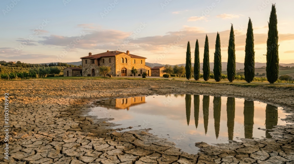 Obraz premium Tuscan villa and cypress trees reflecting in a dry pond at golden hour in I