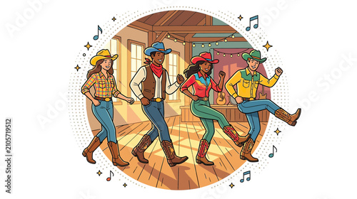 Diverse Group Dancing Western Style in Rustic Venue