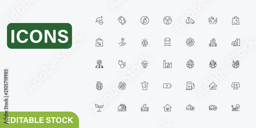 Eco friendly line icon set green energy technology stock illustration