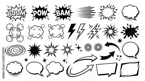 Comic sound effects set with boom pow bam speech bubble explosion vector illustration graphic element pack