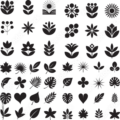 Collection of Black Floral and Bird Icons with Botanical Symbols and Decorative Nature Elements Vector Set
