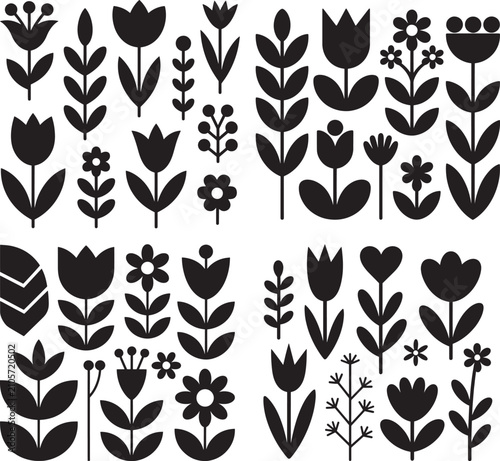 Black and White Floral and Nature Icon Set with Botanical Leaves Flowers and Organic Design Elements
