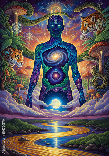 Shamanic meditation. The journey of consciousness. Mystical Shaman. Generative AI.
