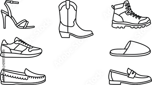Bild auf Leinwand Footwear and shoes outline icons set featuring sneaker boot high heel slipper lo